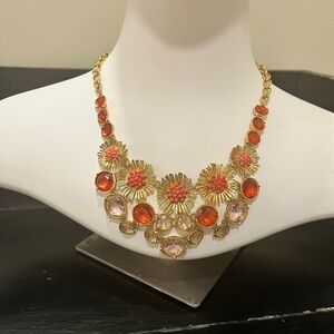 Talbots Coral Sunburst Floral Statement Necklace Gold Tone Crystals